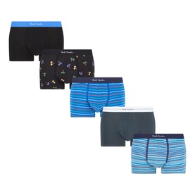 Paul Smith Access Five-Pack Stripe Logo Boxers in multicolour, featuring two solid, one floral print, and two striped pairs in blue and grey tones.