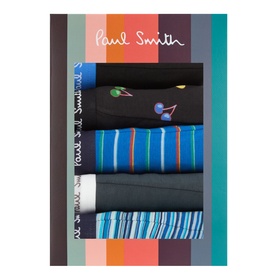 Paul Smith Access Five-Pack Stripe Logo Boxers in multicolour, folded and displayed in branded gift box with stripe detail