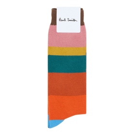 Paul Smith Access multicolour stripe socks in pink, yellow, teal, orange and blue block stripes with brown cuff trim.