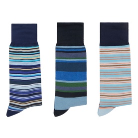 Paul Smith Access Blue Socks Multi Pack, three pairs in navy, blue and light blue multi-stripe patterns
