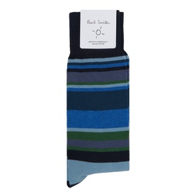 Paul Smith Access blue multistripe cotton socks with navy, grey, green and light blue horizontal stripes, folded with branded label.