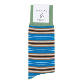 Paul Smith Access blue multistripe cotton socks with green cuff, featuring horizontal stripes in teal, brown, and cream