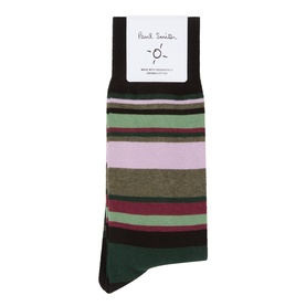 Paul Smith Access black cotton socks with multicolour horizontal stripes in green, pink, burgundy and khaki