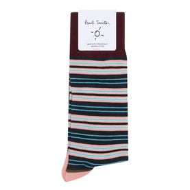 Paul Smith Access blue multistripe cotton socks with burgundy cuff and pink heel, one size