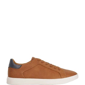 Dune Traces Lace-Up Trainers in brown with navy contrast heel trim, white rubber sole, and smooth synthetic upper