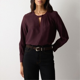 Pleated Keyhole Silk Blouse