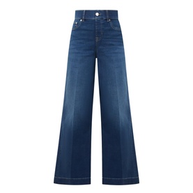 Spanx E.W 2.0 Wide Leg Petite Jeans in Poseidon blue denim, wide-leg silhouette with front crease and five-pocket styling