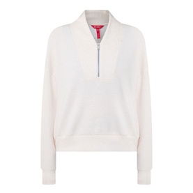 Spanx Sweat Top in Oatmeal Heather, half-zip funnel neck, relaxed fit with ribbed cuffs and hem