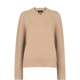 Whistles Knitted Sweater in brown wool with V-neckline, ribbed cuffs, hem and long sleeves