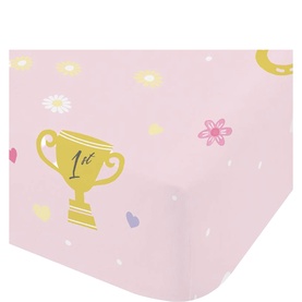 Catherine Lansfield Happy Horse Fitted Sheet in pink with gold trophy, daisy, heart and star print details