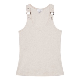 Reiss neutral marl ribbed tank top with silver D-ring buckle shoulder straps, scoop neckline, slim fit
