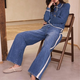 Lace Trim High-Rise Straight Leg Jeans