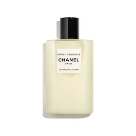 Chanel Paris-Deauville Body Lotion in clear bottle with black cap and white label, 200ml