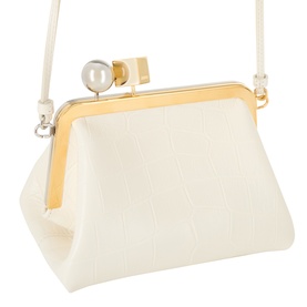 Jacquemus Le Berlingot Crossbody Bag in light ivory croc-embossed leather with gold-tone frame clasp, pearl detail, and adjustable strap