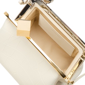 Jacquemus Le Berlingot Crossbody Bag in light ivory, open top view showing gold-tone hardware, clasp closure and croc-embossed leather exterior