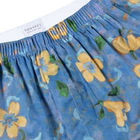 Sunspel Tulip Floral Boxer Shorts in Blue Tulip, close-up of elasticated waistband and Liberty floral cotton fabric