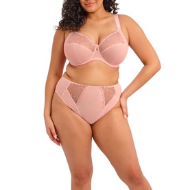 Model wearing Elomi brief in Rose Bud, high-waist style with lace and mesh panels, styled with matching underwired bra