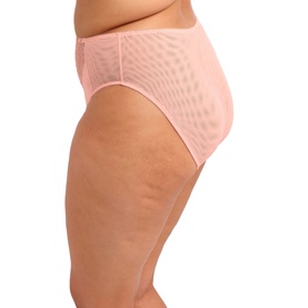 Model wearing Elomi brief in Rose Bud, high-waist silhouette with subtle textured dot mesh fabric detail.