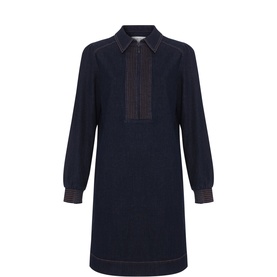 Phase Eight Gabi Mini Denim Dress in blue with point collar, zip placket, contrast stitching, and logo cuff details