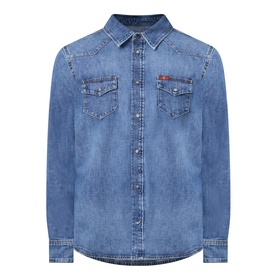 Seven Jeans Western Denim Shirt in Canyon mid wash, point collar, snap placket, dual chest flap pockets, tobacco stitching, curved hem