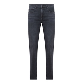 Seven Jeans Slimmy Slim Leg Jeans in Breakwater, dark grey washed denim, five-pocket style with whiskering and faded details