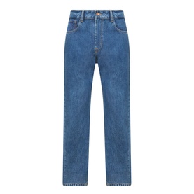 Seven Jeans 3049 Straight Jeans in Kingfisher blue denim, five-pocket styling with gold-tone hardware, relaxed straight leg