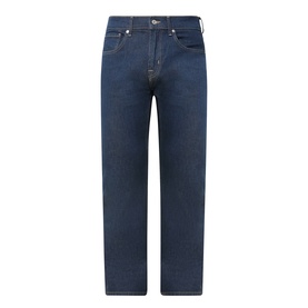 Seven Jeans 3049 Straight Jeans in Sundown blue denim, five-pocket style with silver-tone hardware, flat lay view