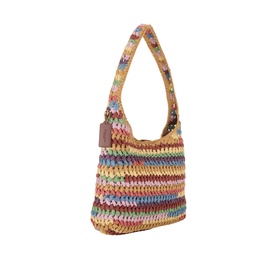 Coach Brooklyn 28 Woven Shoulder Bag in multi-coloured paper straw, fixed shoulder strap, open-top silhouette with magnetic closure, brown leather