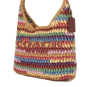 Coach Brooklyn 28 Woven Shoulder Bag in multicolour striped paper straw, open-top design with embossed logo lettering and branded swingtag