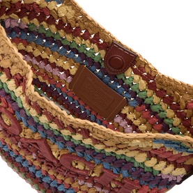 Coach Brooklyn 28 Woven Shoulder Bag in multi-coloured paper straw, showing interior detail with magnetic button closure and branded leather patch.