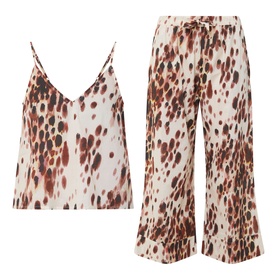 Desmond & Dempsey Leopard Cami & Wide-Leg Bottoms Pyjama Set in leopard brown print; V-neck cami top and cropped wide-leg trousers with drawstring