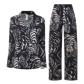 Desmond & Dempsey black tiger-print pyjama set with long-sleeve shirt and wide-leg trousers in lyocell blend