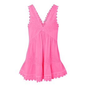 Juliet Dunn hot pink cotton sleeveless mini dress with V-neck, broderie anglaise lace trim and scalloped hem