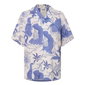 OAS Mystea Rocco Printed Shirt in blue, abstract tropical print on cream, notched collar, short sleeves, button fastening, straight hem