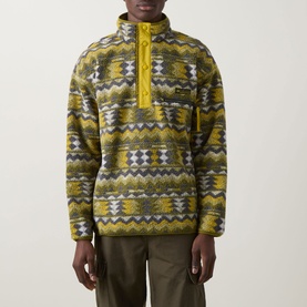 Model wearing Columbia Helvetia Half-Buttoned Logo Printed Fleece Sweatshirt in Mossy Green geometric print with snap buttons and funnel neck