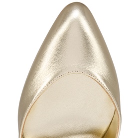 Christian Louboutin platine metallic leather pointed-toe pump, close-up of toe box showing gold-toned upper and nude lining.