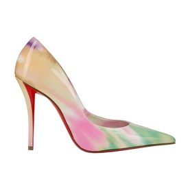 Christian Louboutin pump in multicolour tie-dye print, pointed toe, stiletto heel, and signature red sole.