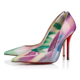 Christian Louboutin pointed-toe stiletto pumps in multicolour abstract print, featuring signature red sole and slim high heel.