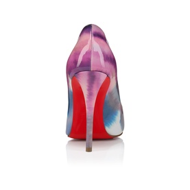 Christian Louboutin multicolour satin pump, rear view showing stiletto heel and iconic red sole