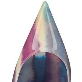 Christian Louboutin pump in multicolour iridescent finish, pointed toe detail, close-up shot highlighting colour gradient from pink to blue