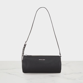 MMK Izzy Small Pebbled Leather Barrel Pochette in black with silver-tone hardware, top zip fastening and adjustable shoulder strap
