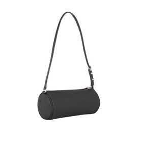 MMK Izzy Small Pebbled Leather Barrel Pochette in black with silver-tone hardware and adjustable shoulder strap, barrel shape