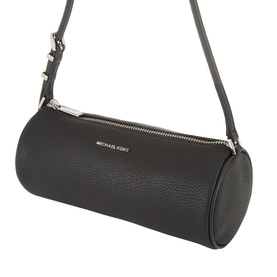 MMK Izzy Small Pebbled Leather Barrel Pochette in black with silver-tone hardware, top zip fastening and adjustable shoulder strap