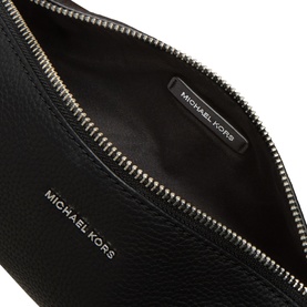 Michael Kors Izzy Small Pebbled Leather Barrel Pochette in black, open top zip view showing interior lining and silver-tone hardware