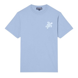 Vilebrequin Crew Neck T in Cloudy blue with white embroidered turtle motif on chest, short sleeves