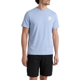 Model wearing Vilebrequin Crew Neck T in cloudy blue with white turtle graphic, styled with black cargo shorts
