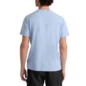 Model wearing Vilebrequin Crew Neck T in Cloudy blue, rear view, styled with black shorts
