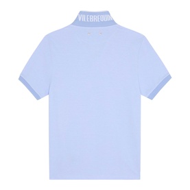Vilebrequin Regular Polo in Cloudy blue, back view, with branded logo collar trim and short sleeves