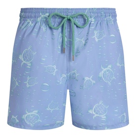 Vilebrequin swim shorts in cloudy blue with all-over green turtle print and contrast green drawstring waistband