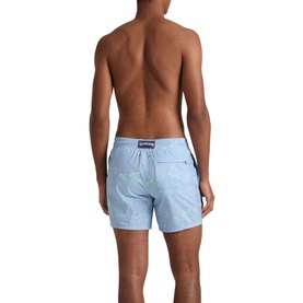 Model wearing Vilebrequin swim shorts in cloudy blue with tonal turtle print, rear view, elasticated waistband with logo tab